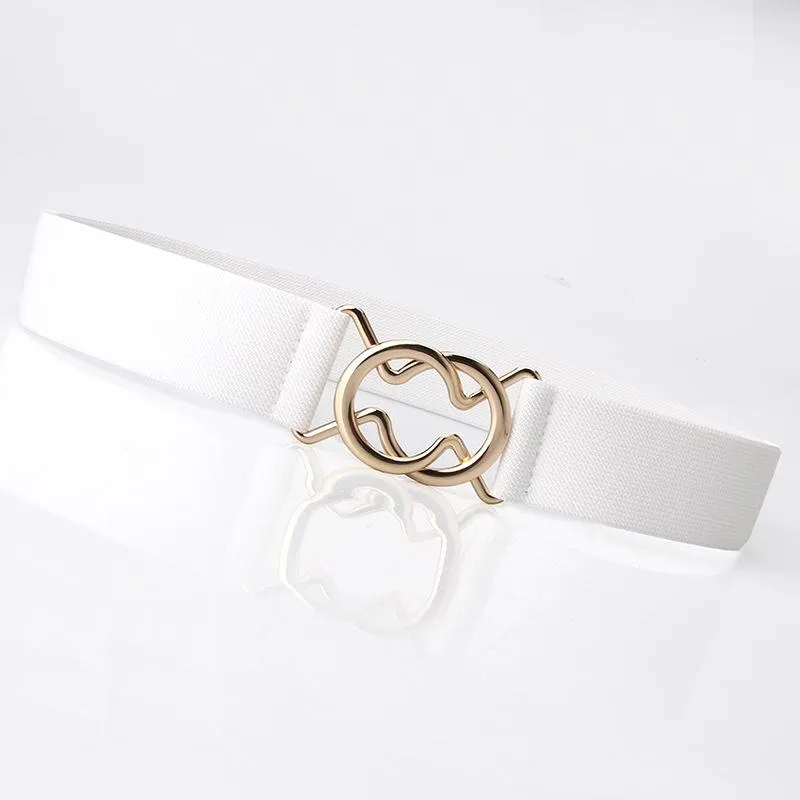 Ladies Solid Color Elastic Belt Gold Round Buckle Belt Fashion Belt Dress Jacket