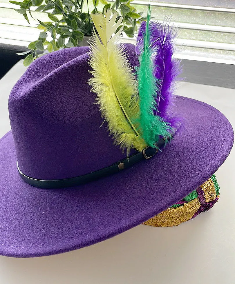 Mardi Gras Wide Brim Wool Felt Fedora Panama Western Cowboy Hat