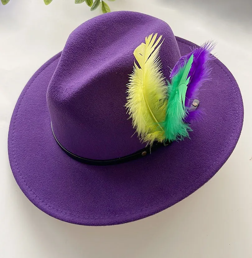 Mardi Gras Wide Brim Wool Felt Fedora Panama Western Cowboy Hat