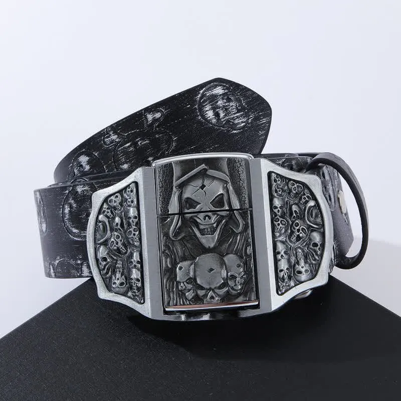 Men's Death Ghost Skeleton Pattern Leather Belt With Hidden Lighter