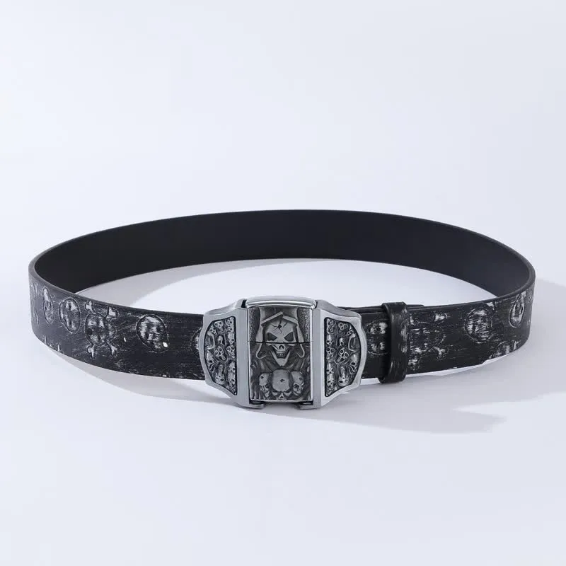 Men's Death Ghost Skeleton Pattern Leather Belt With Hidden Lighter