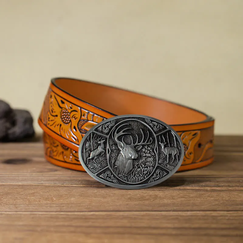 Men's DIY Animal Elk Deer Buckle Leather Belt