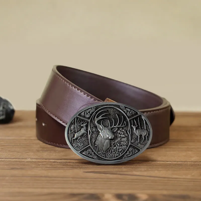 Men's DIY Animal Elk Deer Buckle Leather Belt