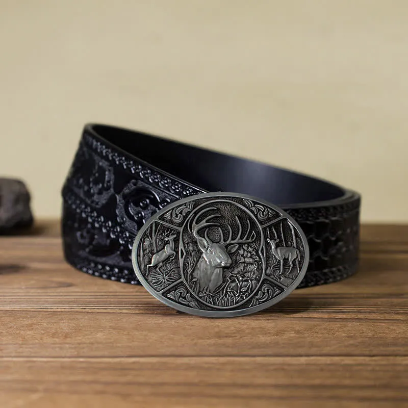 Men's DIY Animal Elk Deer Buckle Leather Belt