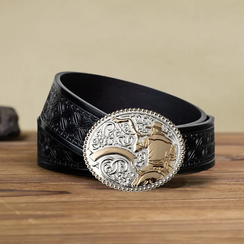 Men's DIY Cowboy Blowing The Horn Buckle Leather Belt