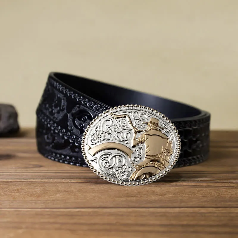 Men's DIY Cowboy Blowing The Horn Buckle Leather Belt