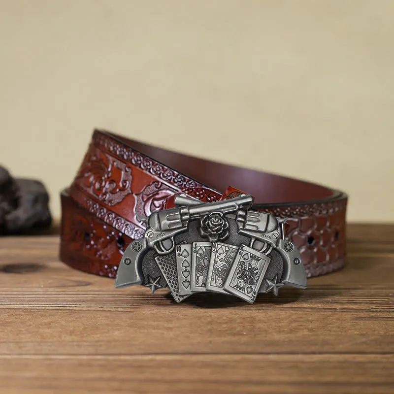 Men's DIY Double Pistol Poker Buckle Leather Belt