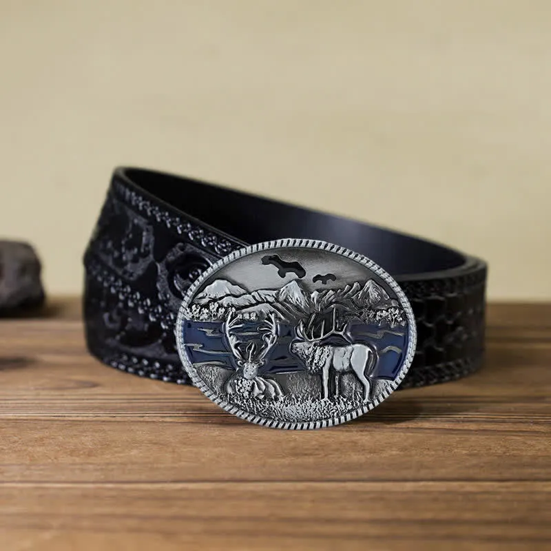 Men's DIY Enamel Wild Life Deer Buckle Leather Belt