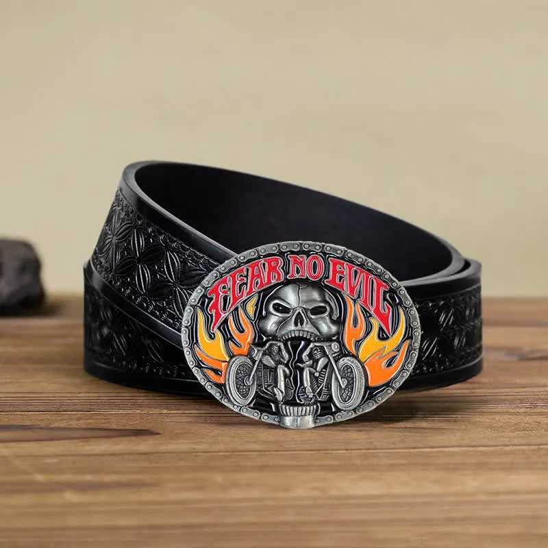 Men's DIY Fear No Evil Skull Motorcycle Buckle Leather Belt