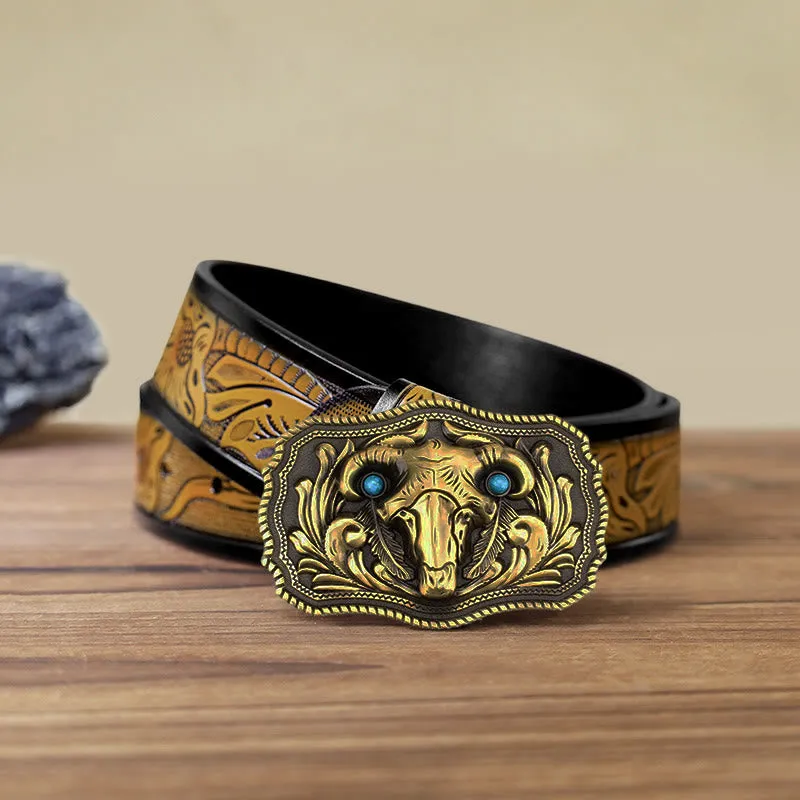 Men's DIY Goat Skull Turquoise Buckle Leather Belt