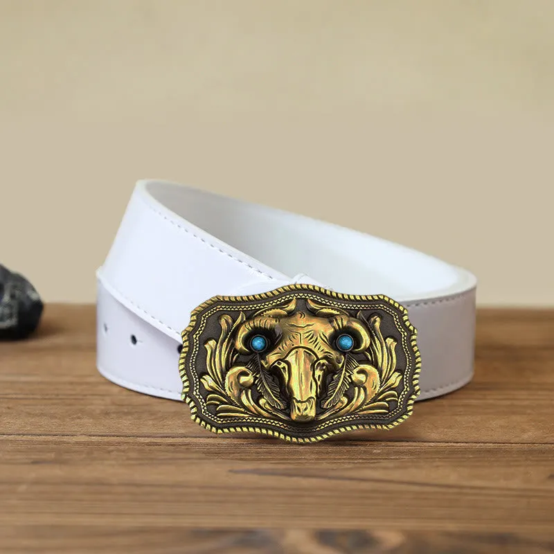 Men's DIY Goat Skull Turquoise Buckle Leather Belt