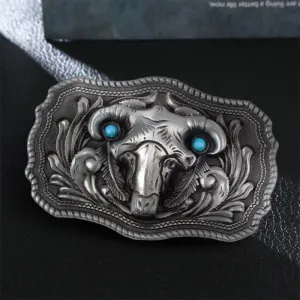 Men's DIY Goat Skull Turquoise Buckle Leather Belt