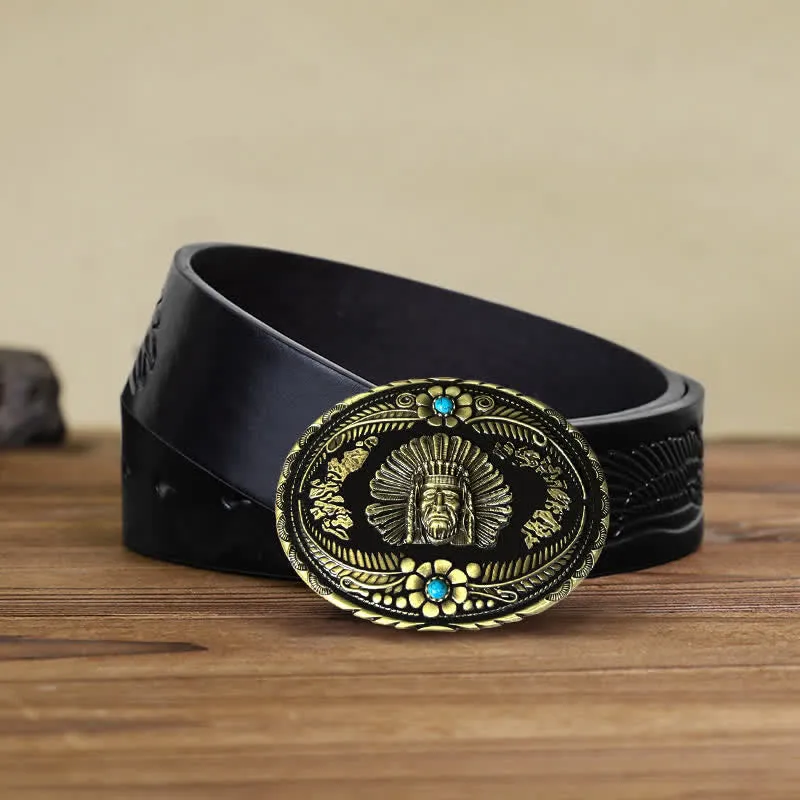 Men's DIY Indian Chief Turquoise Buckle Leather Belt