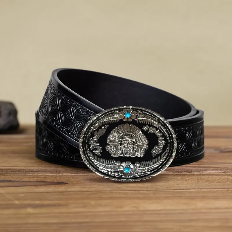 Men's DIY Indian Chief Turquoise Buckle Leather Belt