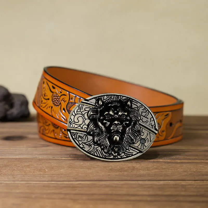 Men's DIY Lion Insignia Hidden Folding Knife Leather Belt