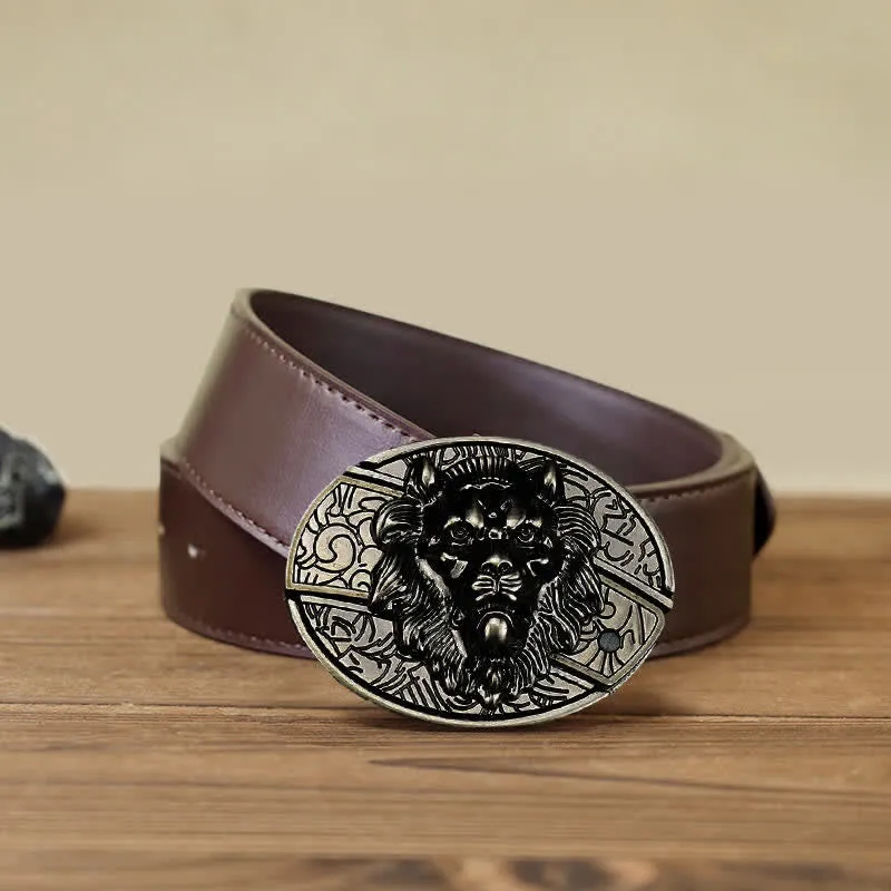 Men's DIY Lion Insignia Hidden Folding Knife Leather Belt