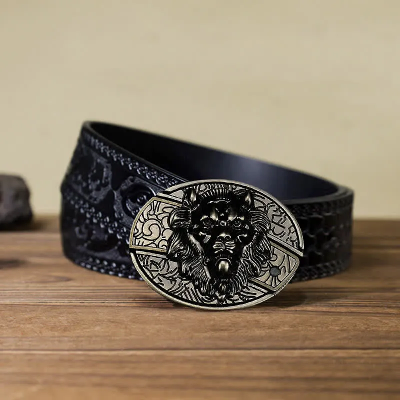 Men's DIY Lion Insignia Hidden Folding Knife Leather Belt