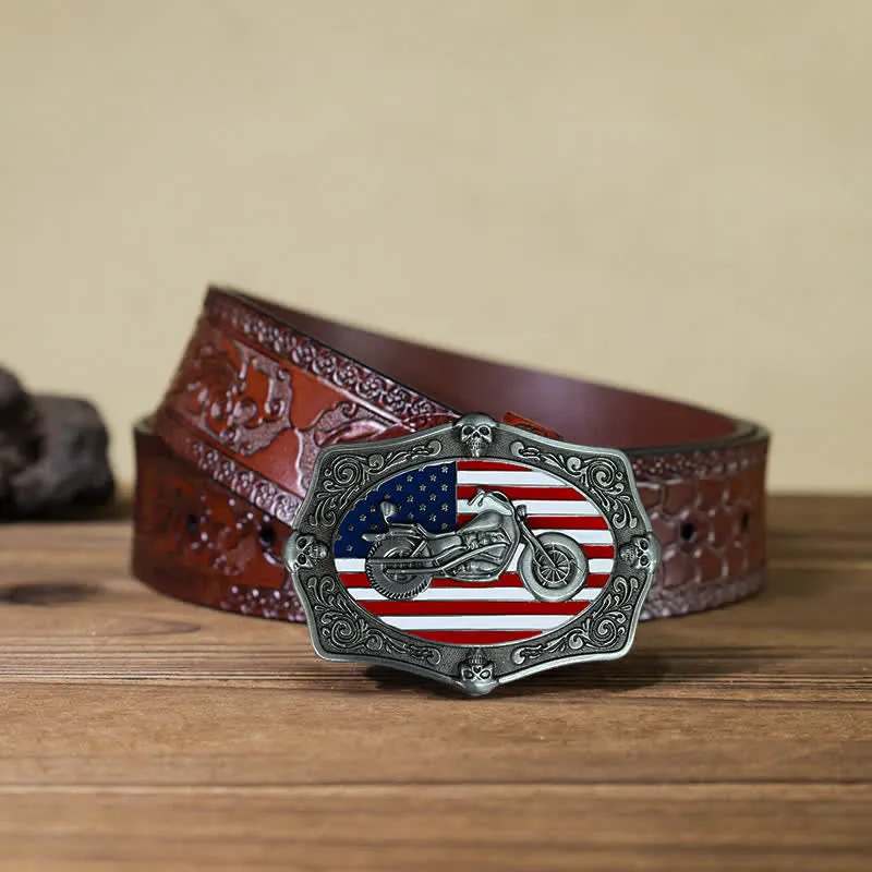 Men's DIY Motorcycle USA Flag Skull Buckle Leather Belt