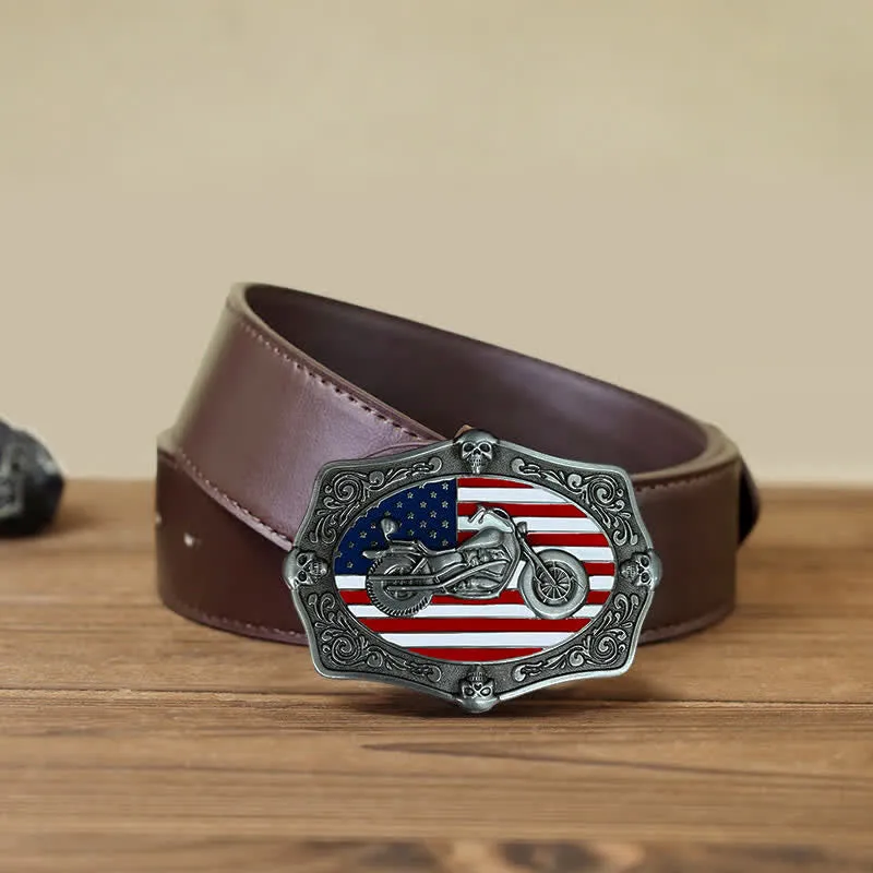 Men's DIY Motorcycle USA Flag Skull Buckle Leather Belt