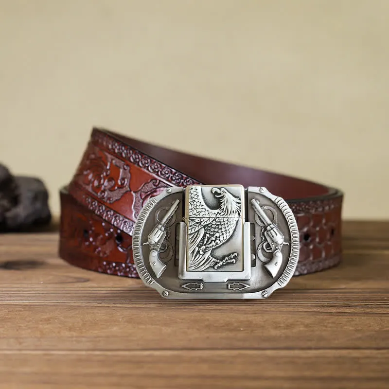 Men's DIY Silver Eagle Guns Leather Belt with Hidden Lighter