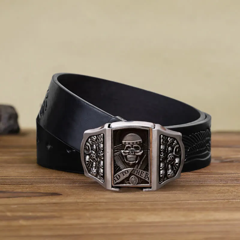 Men's DIY Skull Head Leather Belt with Hidden Lighter