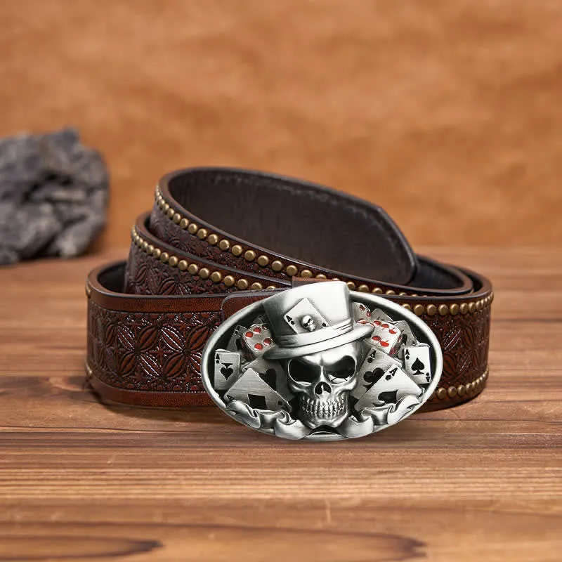 Men's DIY Skull Poker Dice Oval Buckle Leather Belt