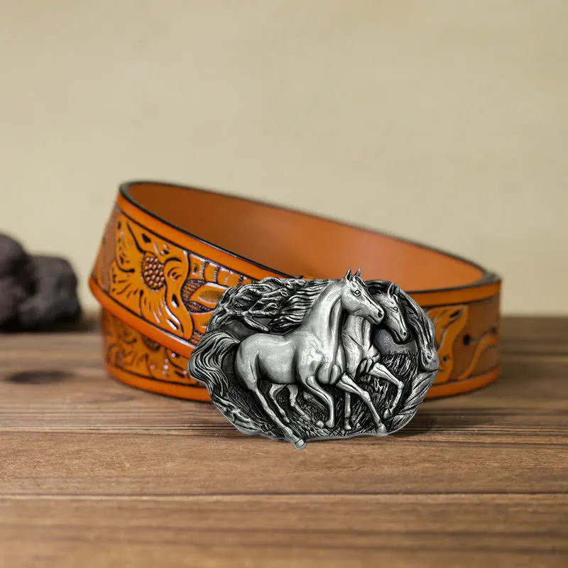 Men's DIY Wild Running Horses Buckle Leather Belt