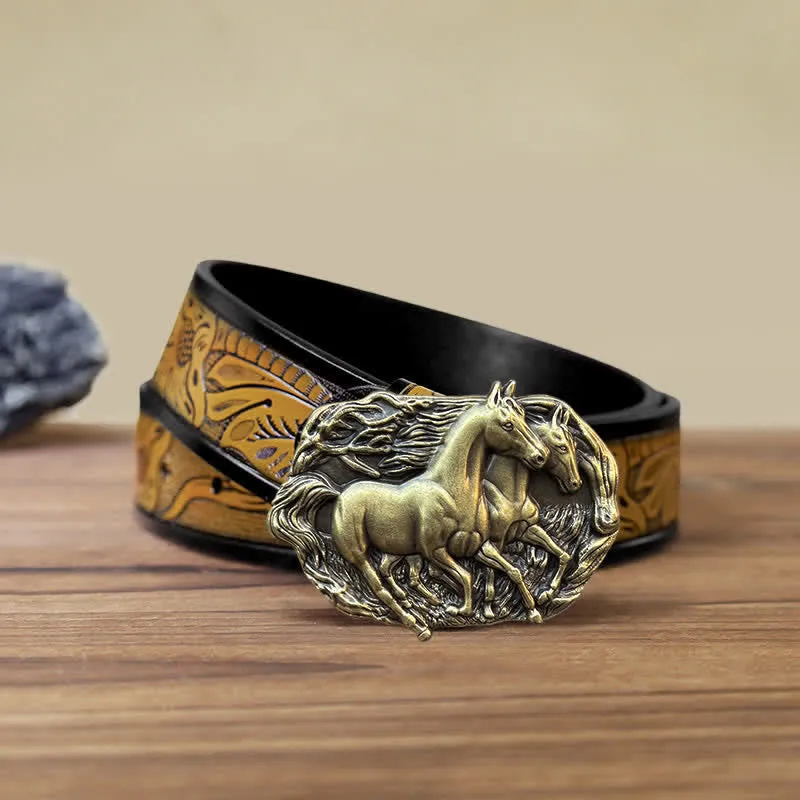 Men's DIY Wild Running Horses Buckle Leather Belt