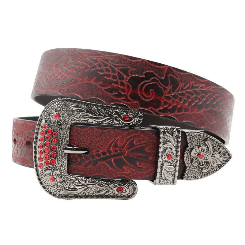 Men's Floral Buckle Embossed Dragon Leather Belt