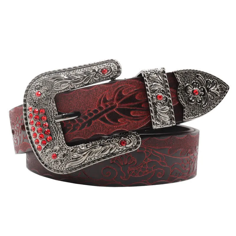 Men's Floral Buckle Embossed Dragon Leather Belt