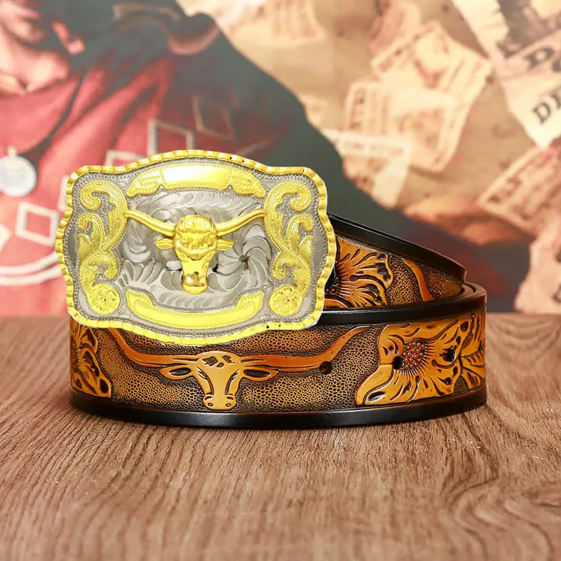 Men's Gold Bull Fighting Attitude Leather Belt