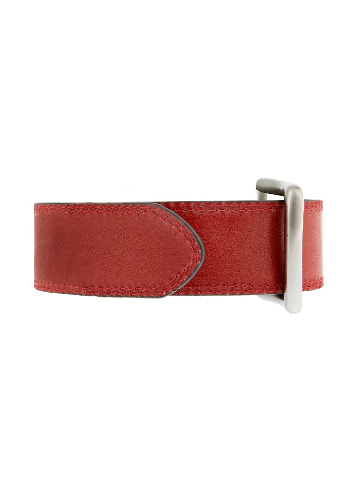 Men's Lined Leather Belt with Shiny Nickel Buckle and Contrast Details