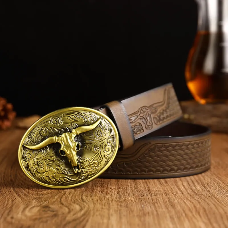 Men's Vintage Floral Longhorn Bull Leather Belt