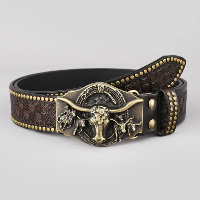 Men's Vintage Western Longhorn Bull Leather Belt