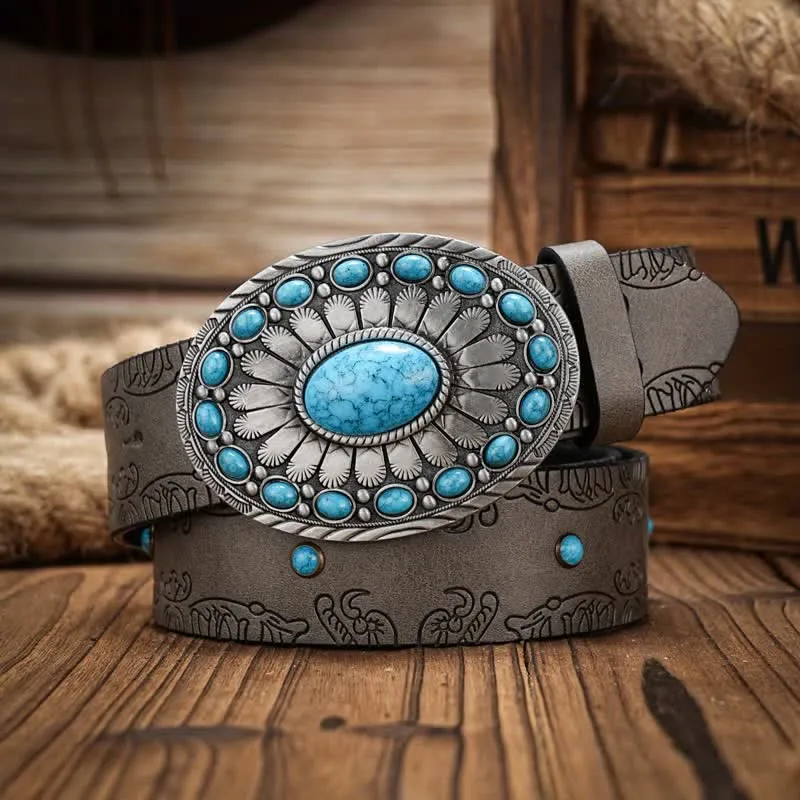 Men's Western Oval Turquoise Buckle Leather Belt