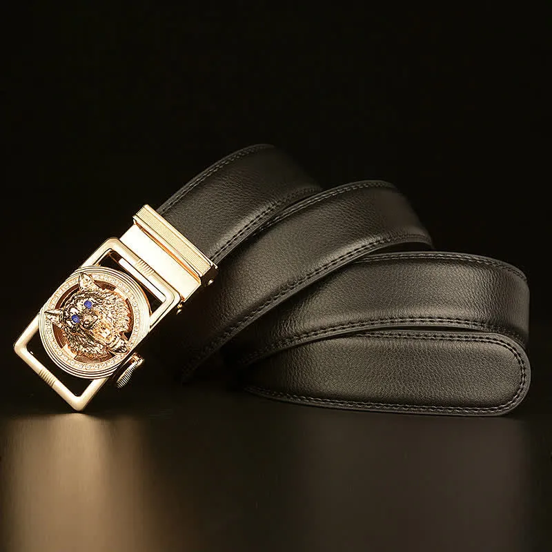 Men's Wolf Head Rhinestone Automatic Buckle Leather Belt