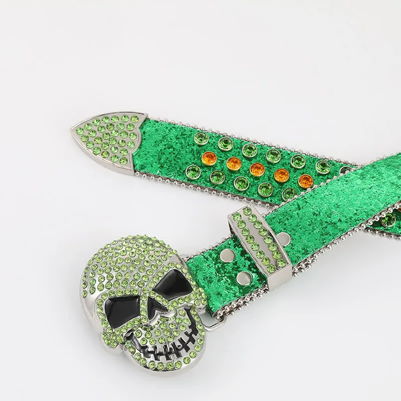 Multicolored Skull Head Rhinestone Glitter Rivets Leather Belt