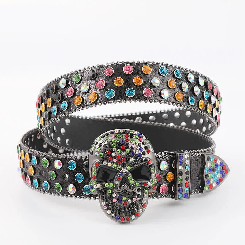 Multicolored Skull Head Rhinestone Glitter Rivets Leather Belt