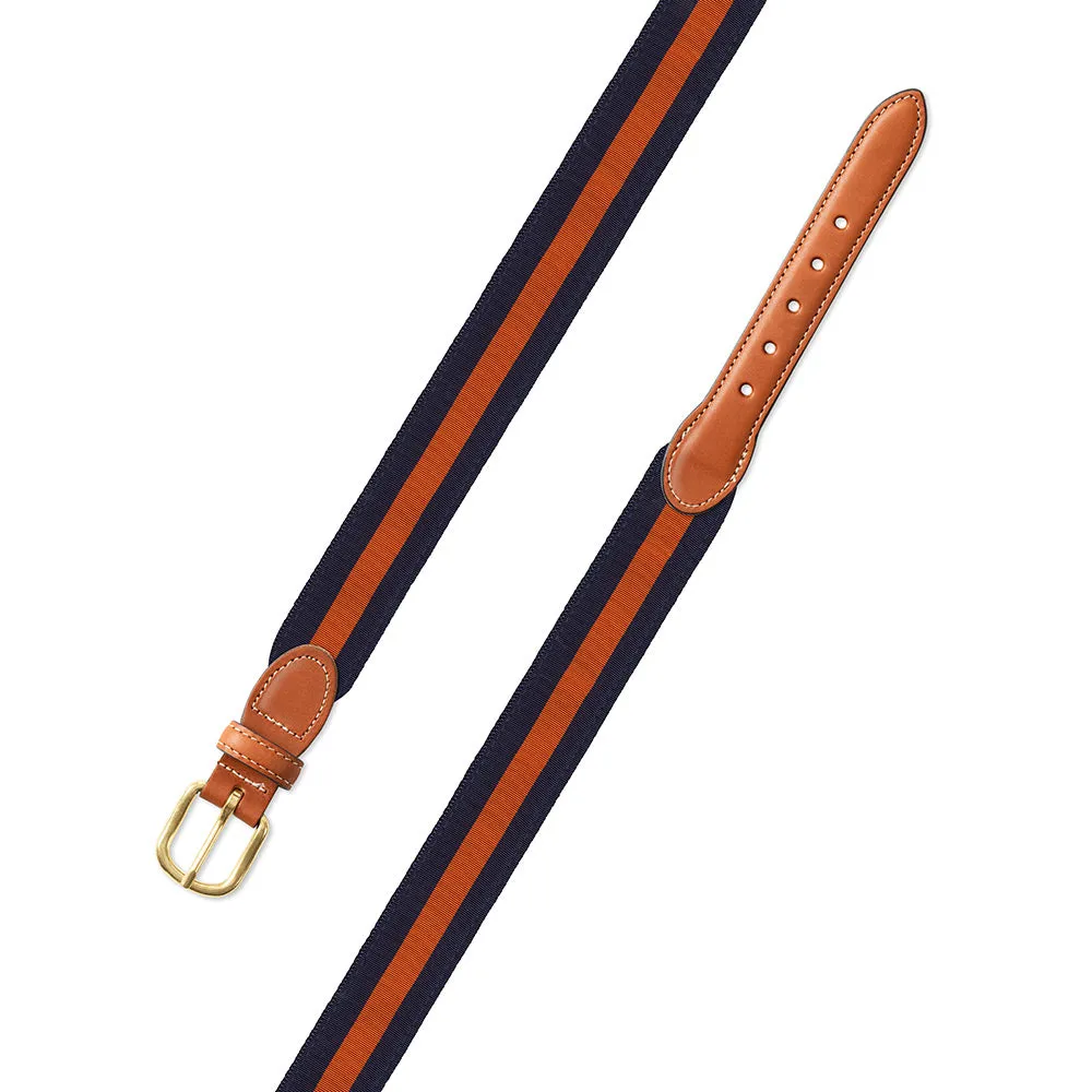 Navy & Orange Grosgrain Ribbon Leather Tab Belt