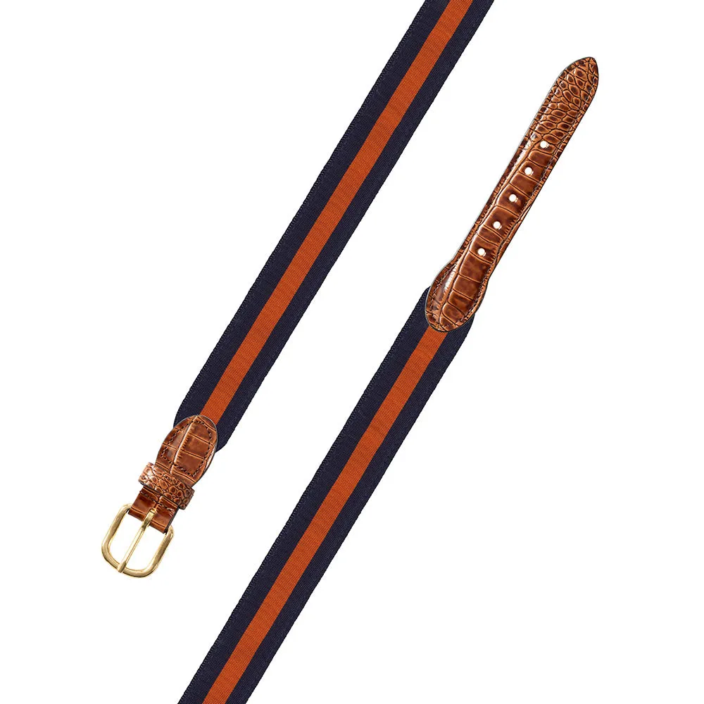 Navy & Orange Grosgrain Ribbon Leather Tab Belt