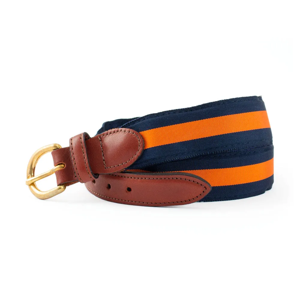 Navy & Orange Grosgrain Ribbon Leather Tab Belt