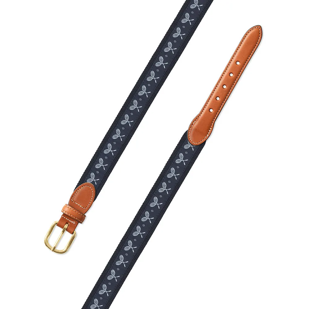 Navy Tennis Motif Leather Tab Belt