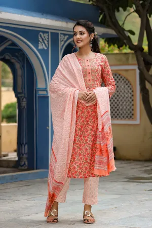 Orange Rayon Blend Ethnic Motifs Print Suit Set