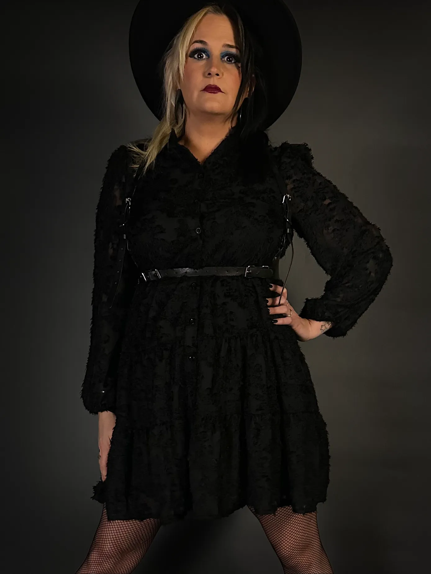 Outfit Set - Black Long Sleeve Button-up Goth Dress & Black Shoulder Harness Belt