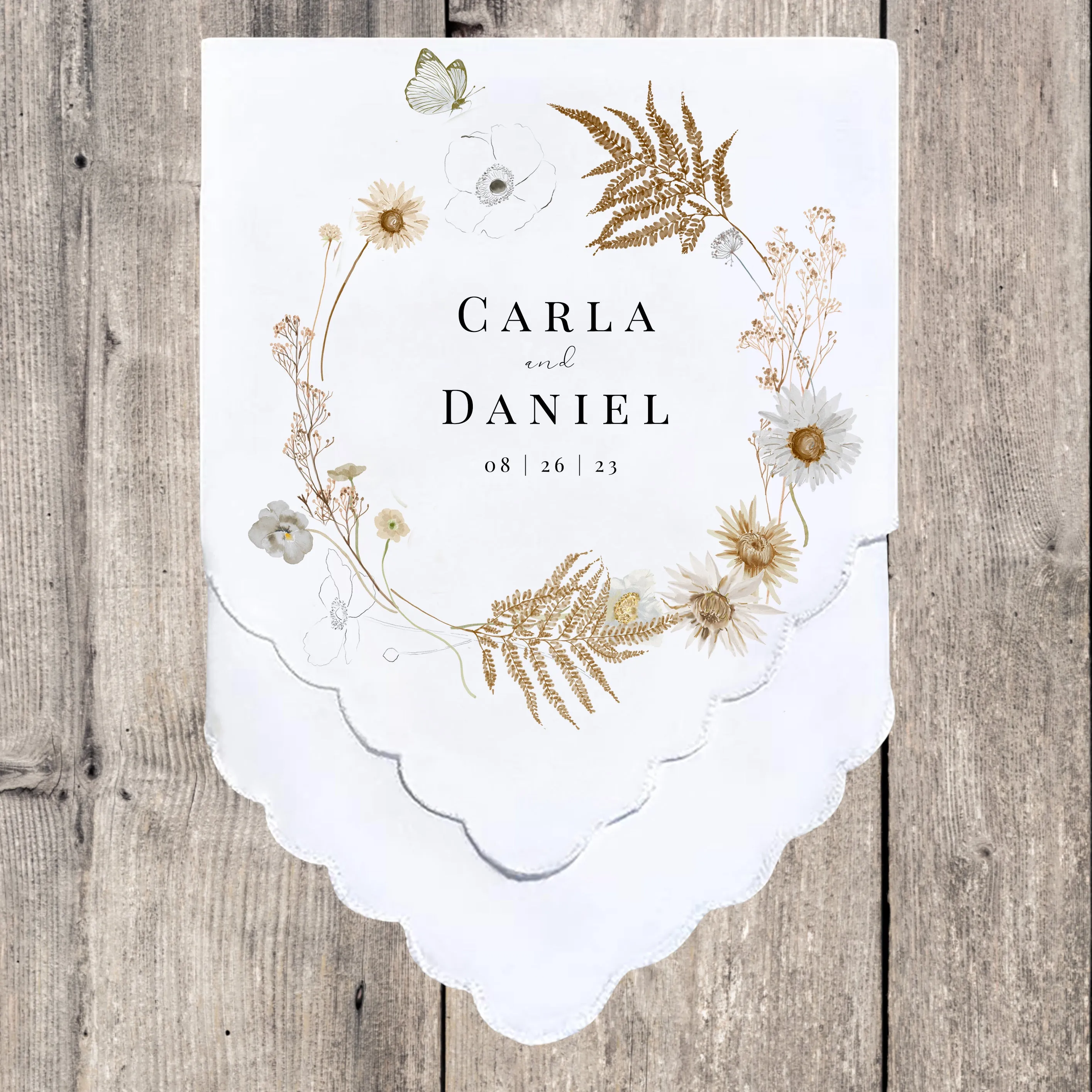 Personalized Wedding Handkerchief Keepsake with Natural Summer Wildflowers Wreath Design - Thoughtful Gift for Mother of the Bride, Mom, and Wedding Favor - Custom Wedding Day Gift - Thank You Gift