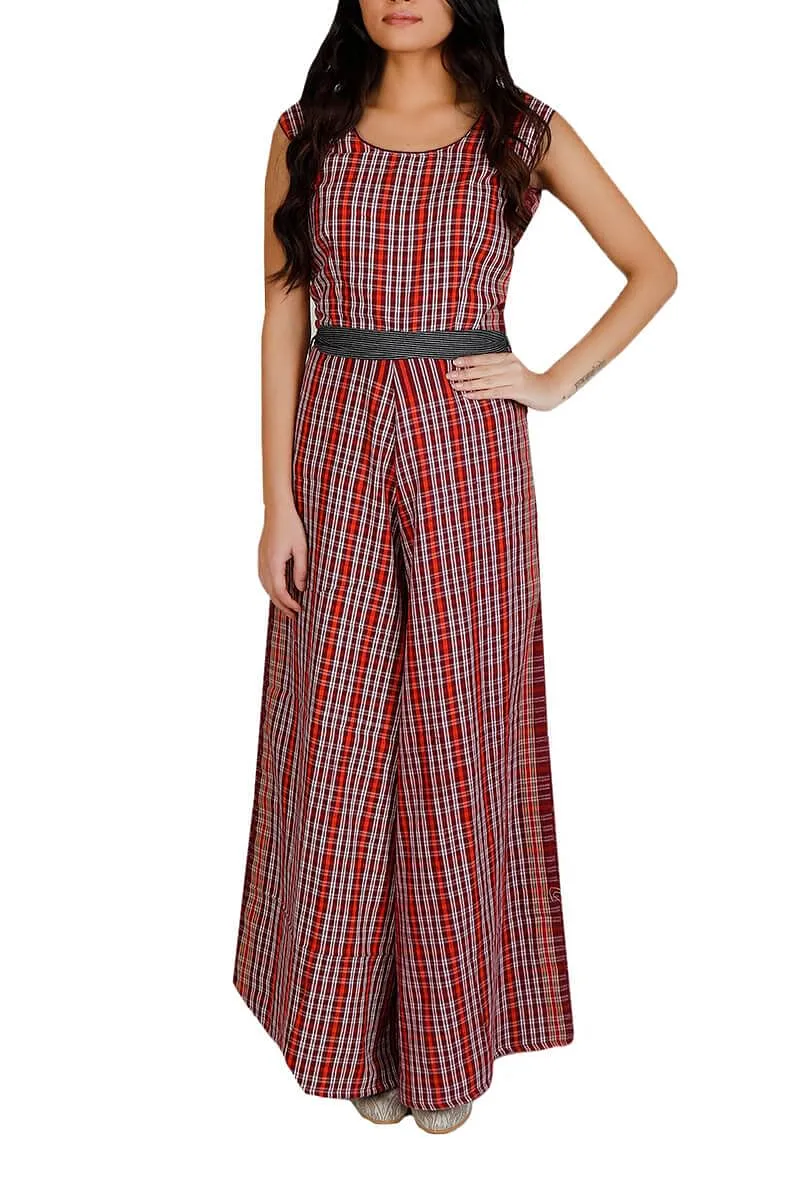 Red Gamcha Cotton Jumpsuit With Belt