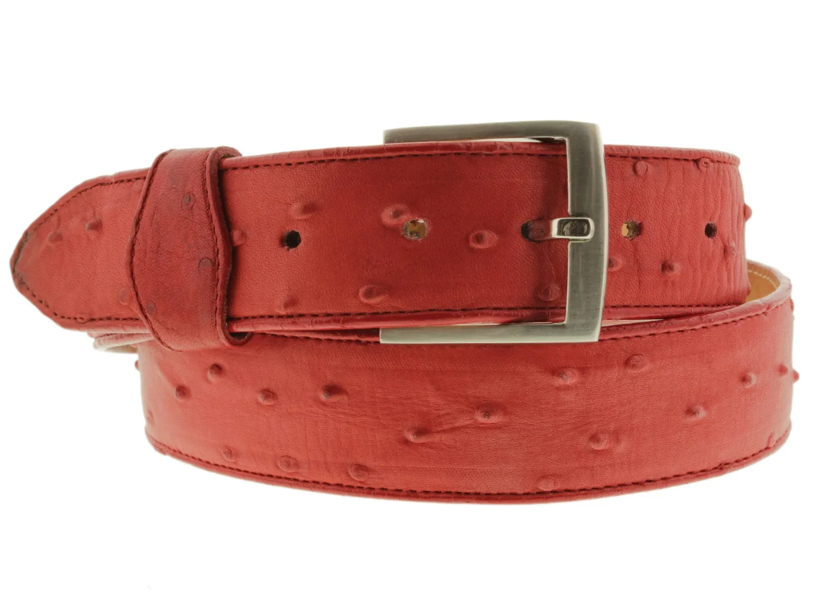 Red Western Cowboy Belt Ostrich Quill Print Leather - Silver Buckle