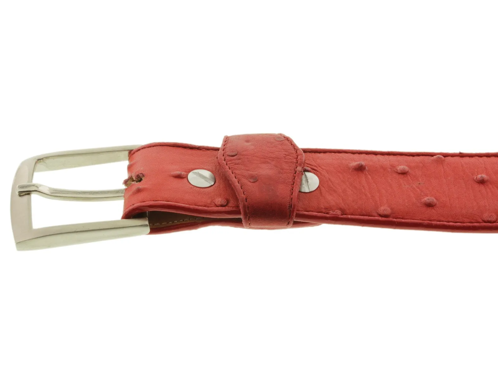 Red Western Cowboy Belt Ostrich Quill Print Leather - Silver Buckle