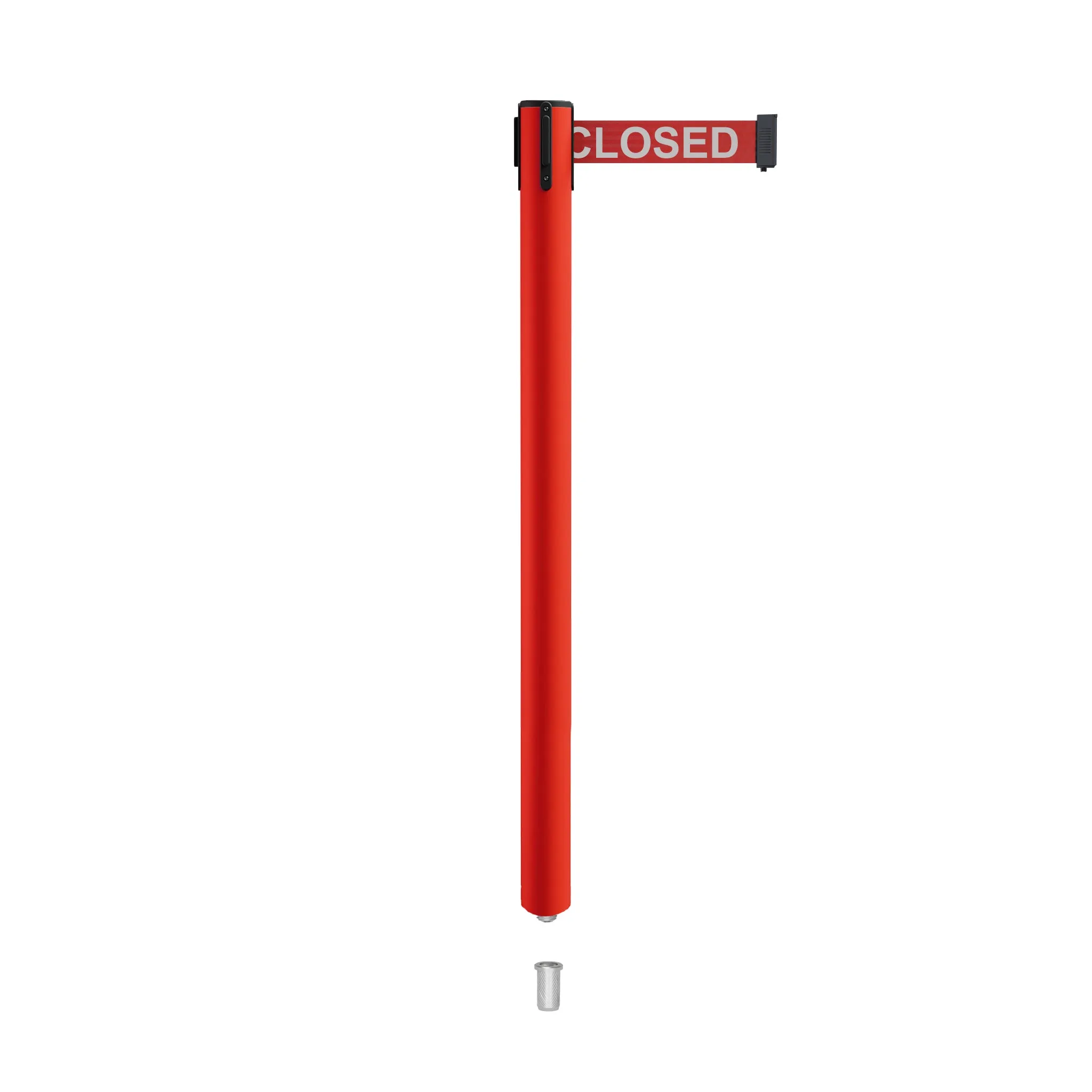 Retractable Belt Barrier Stanchion, Mini Socket Base, Red Post, 9 ft Belt - Montour Line MSX630SK