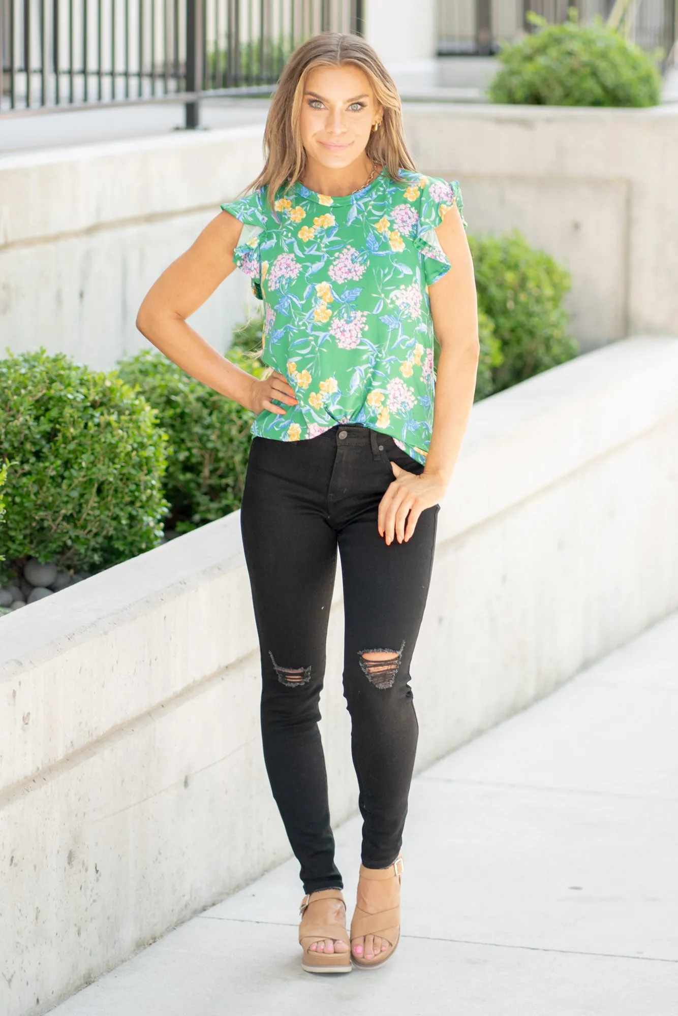 Round Neck Ruffled Floral Knit Top